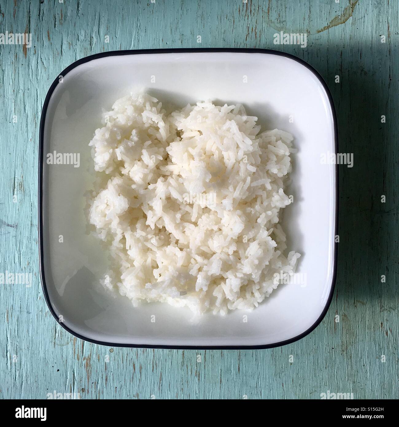 Square bowl of white rice Stock Photo