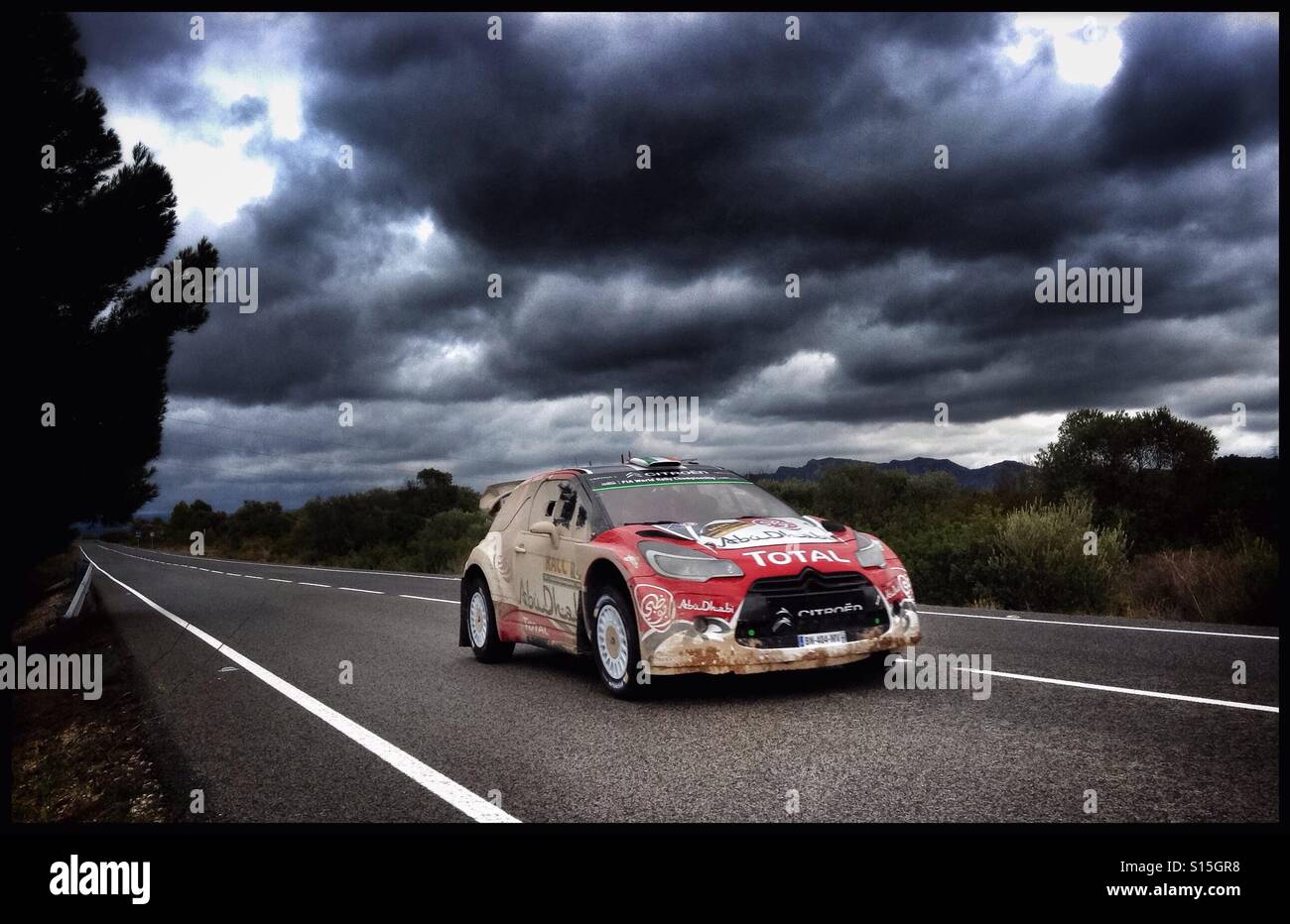 14/10/2016 WRC World Rally Championship RACC-Rally de España - Craig Breen/Scott Martin in their CITROËN DS3 WRC rally car leave Ascó on the C12B en route to Gandesa, Catalonia, SPAIN. - Smartphone Captured Stock Image