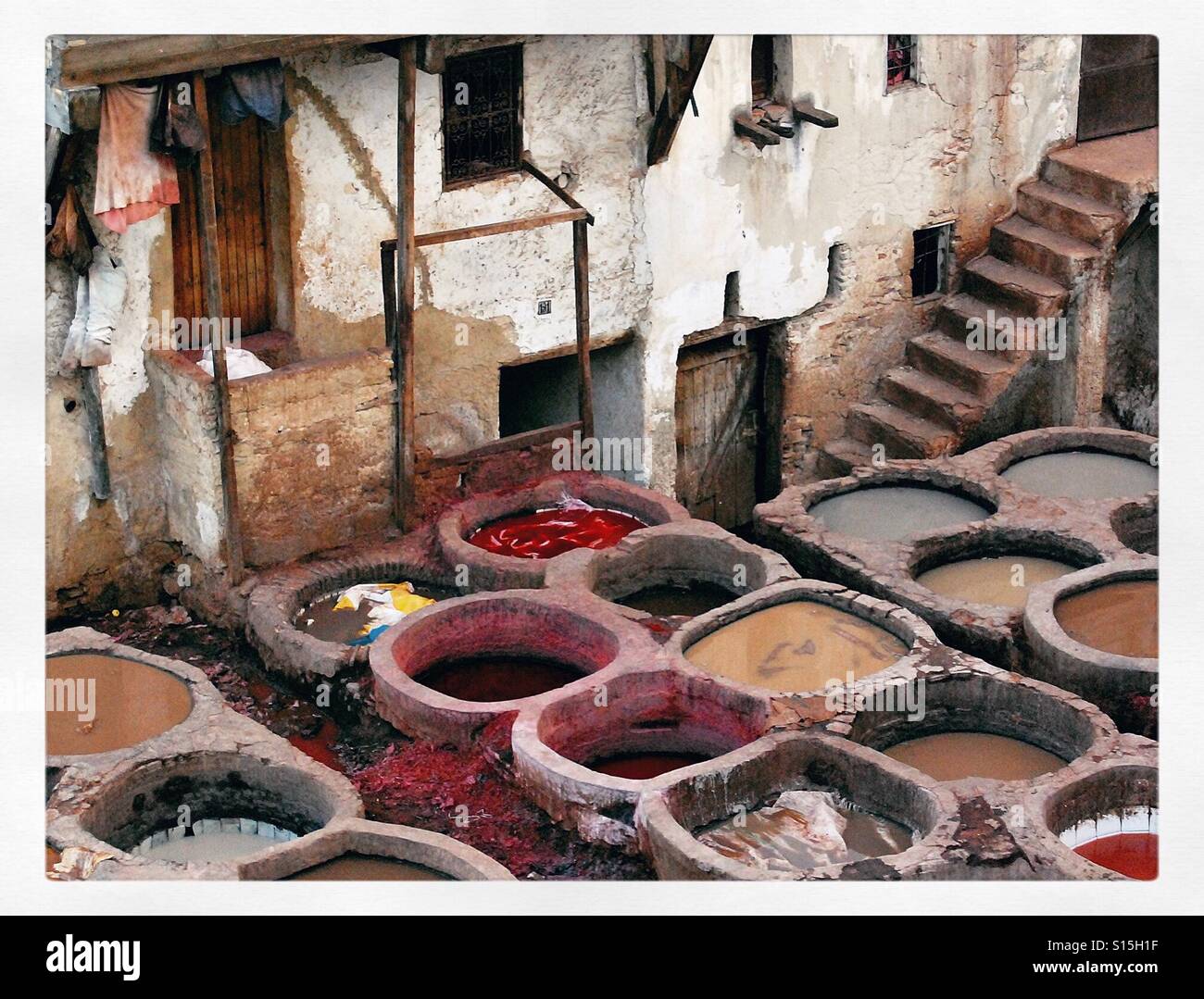 Leather dyeing vats in Fez, Morocco Stock Photo