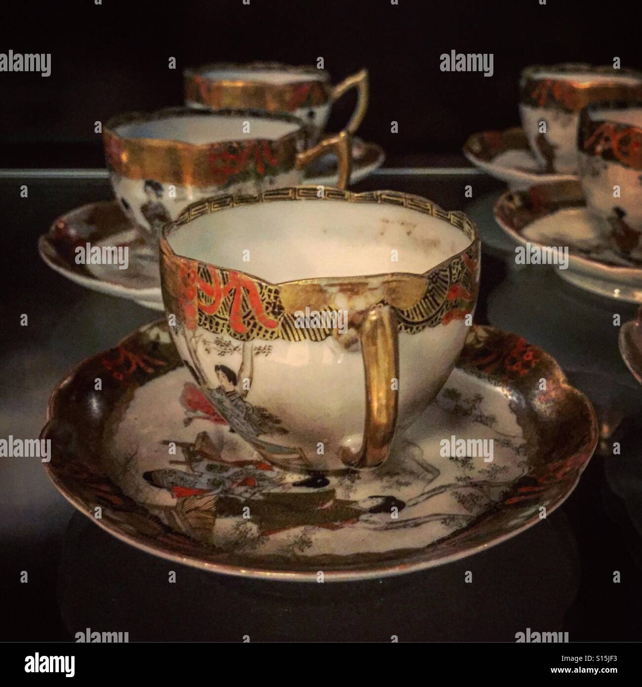 Antique Japanese Teacups In Display Cabinet Stock Photo 310525575
