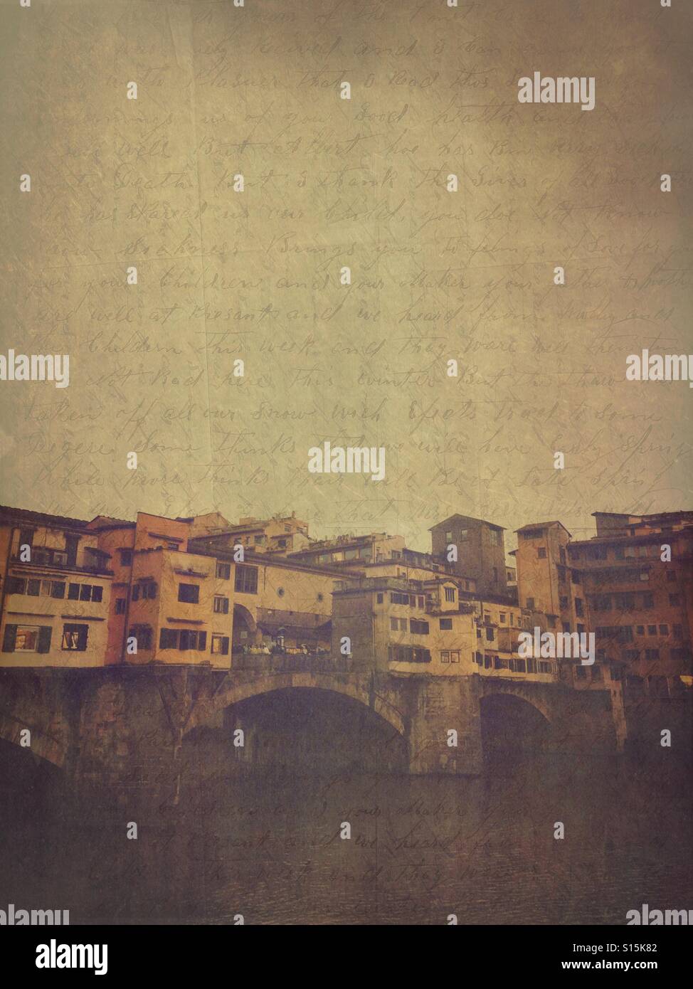 View of Ponte Vecchio bridge in Florence, Italy. Cloudy, overcast day. Vintage handwritten calligraphy paper overlay. Stock Photo