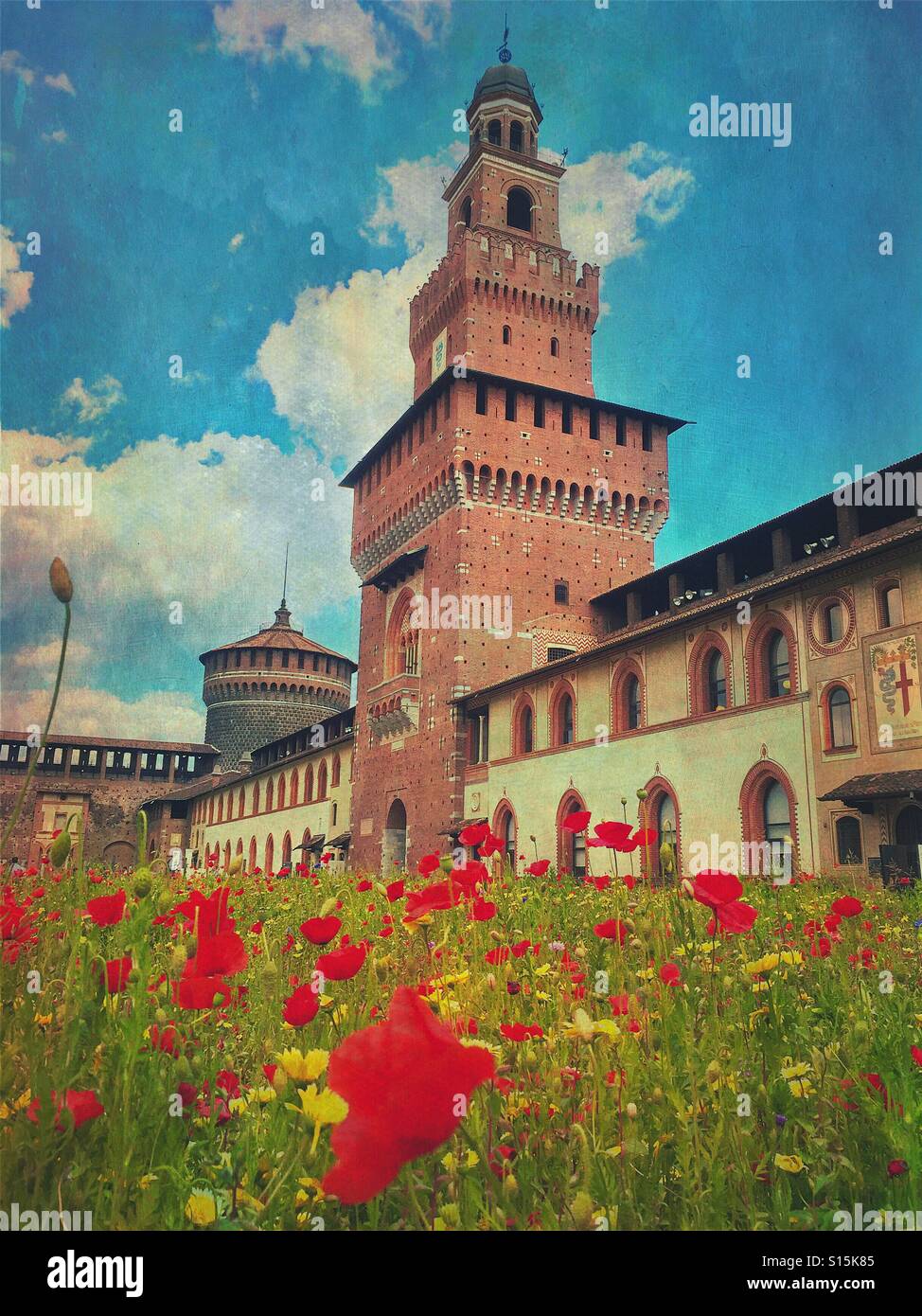 View of the beautiful Sforza Castle in Milan, Italy, with red poppy flower field in the foreground. Vintage paper texture overlay. Stock Photo