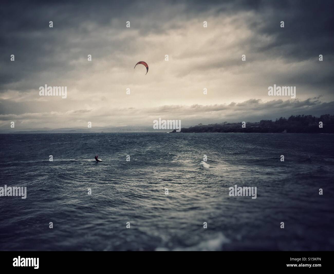 Kite boarder in extreme winds, Clover Point, Victoria, BC Stock Photo