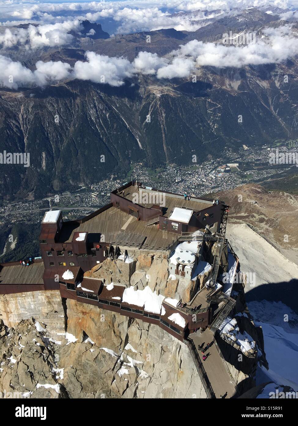 Aiguille du Midi cable car station, Chamonix Mount Blanc, France with Chamonix valley below