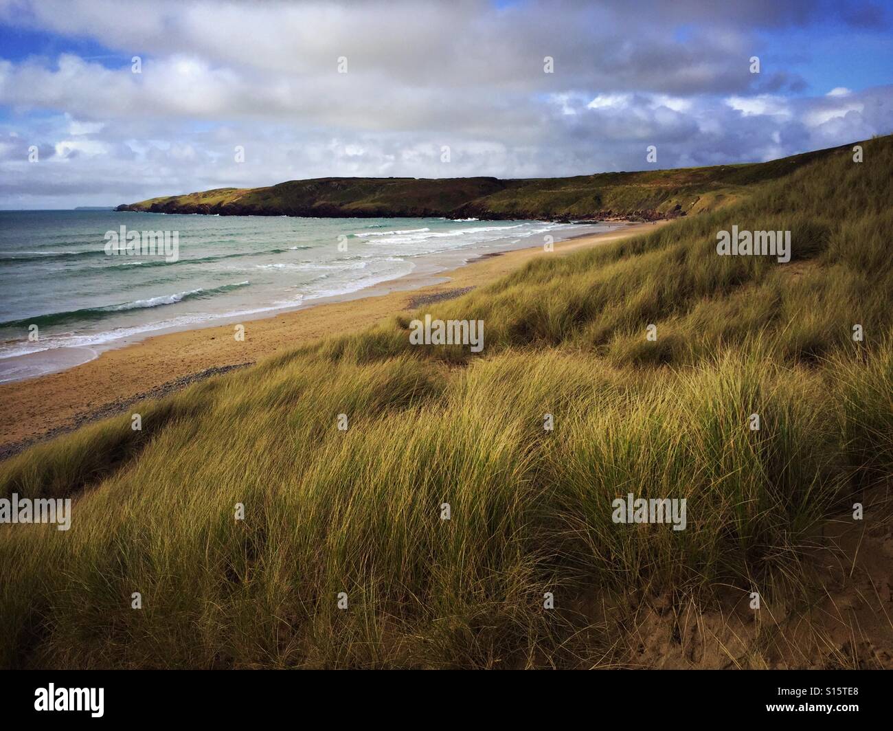 A general view of Freshwater West beach in South Wales October 2016. The beach features in a Harry Potter movie. The location features in the film where Dobby was buried. Stock Photo