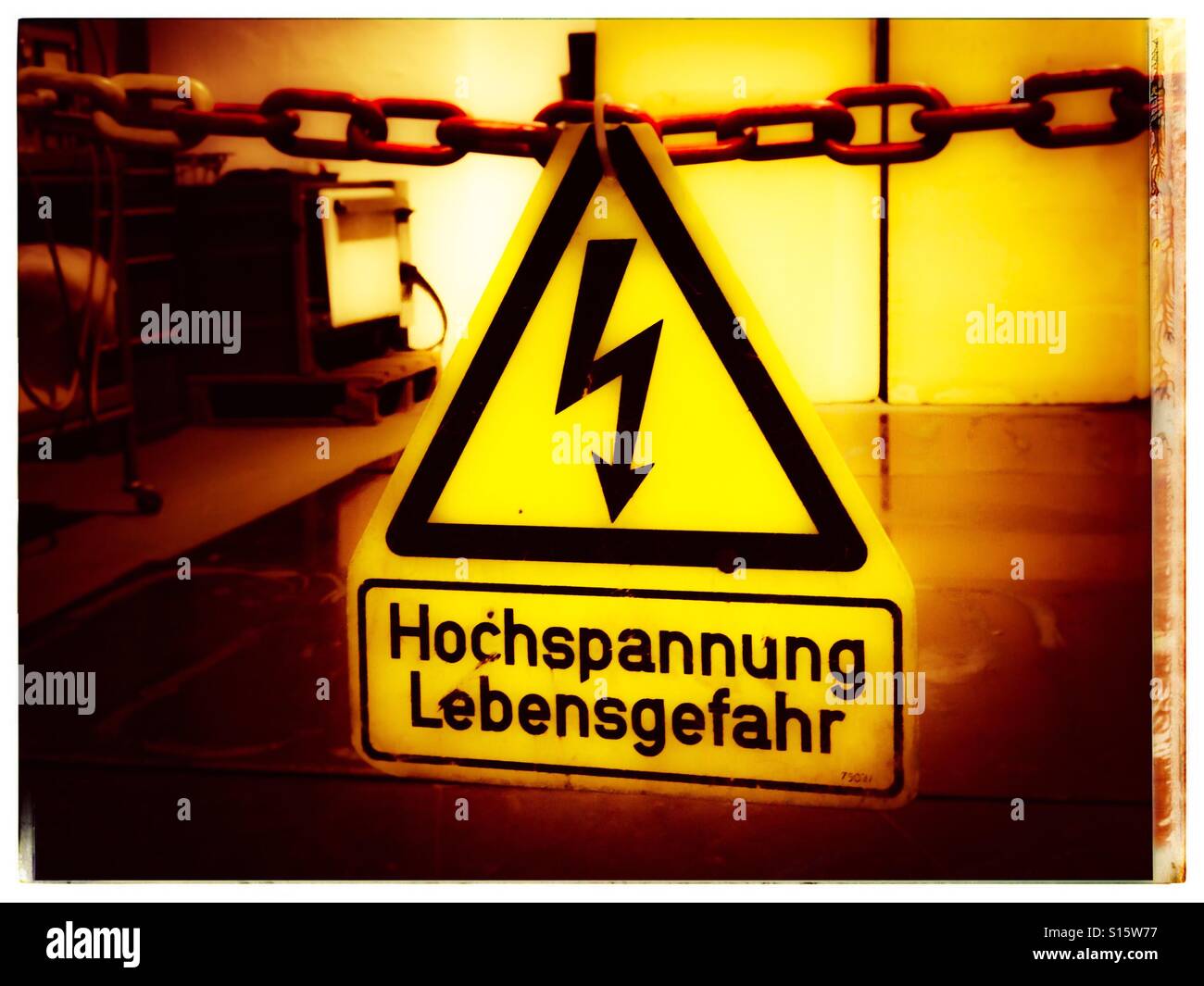German Danger sign, high Voltage danger ! Hochspannung Lebensgefahr ! Stock Photo