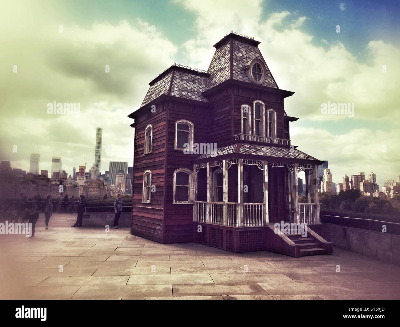 Cornelia Parker Transitional Object (PsychoBarn) a prop house installed on the roof of the Met museum. New York City, United States of America. - Smartphone Captured Stock Image