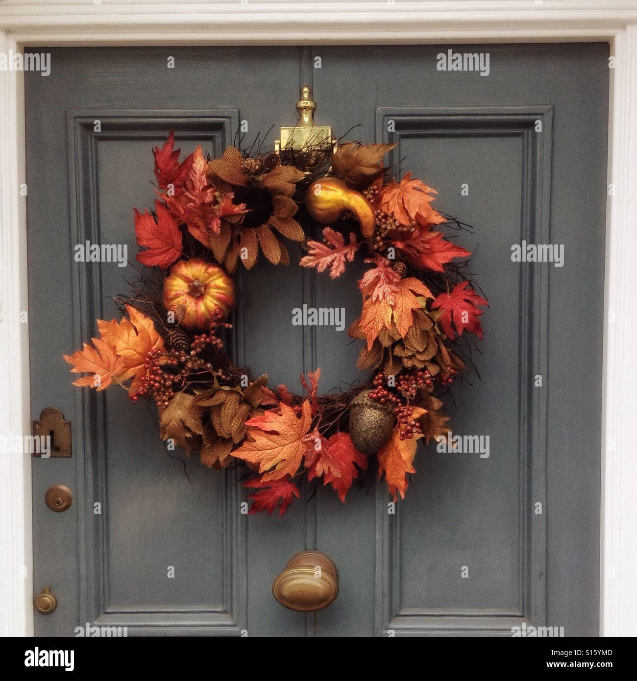 Autumnal Wreath on Door Stock Photo