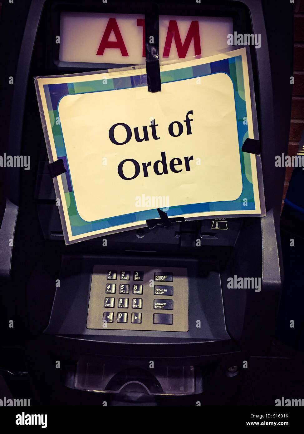 ATM with an Out of Order sign inside a shopping mall, Ontario, Canada. Even the best of machines sometimes break down. Concepts: technology, breakdown, out of cash. - Smartphone Captured Stock Image