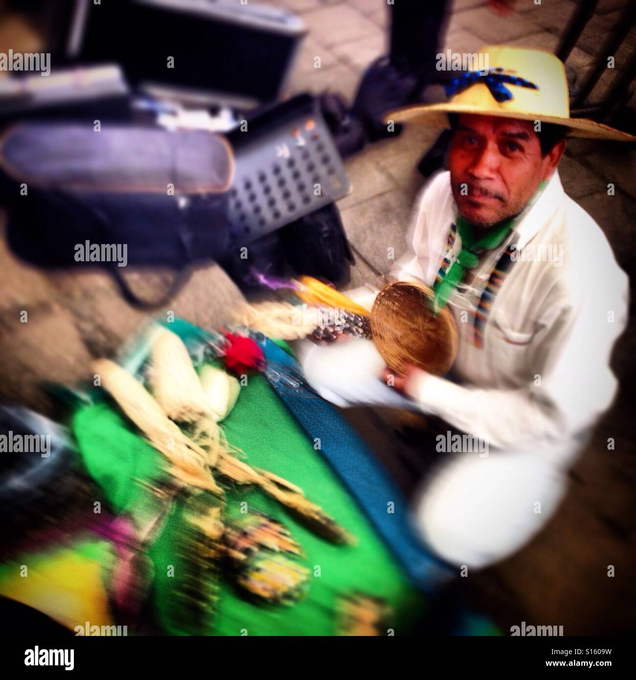 Tomas Villanueva Buendia during an indigenous ceremony in Foro Tianguis Alternativo organic market in Mexico City, Mexico - Smartphone Captured Stock Image