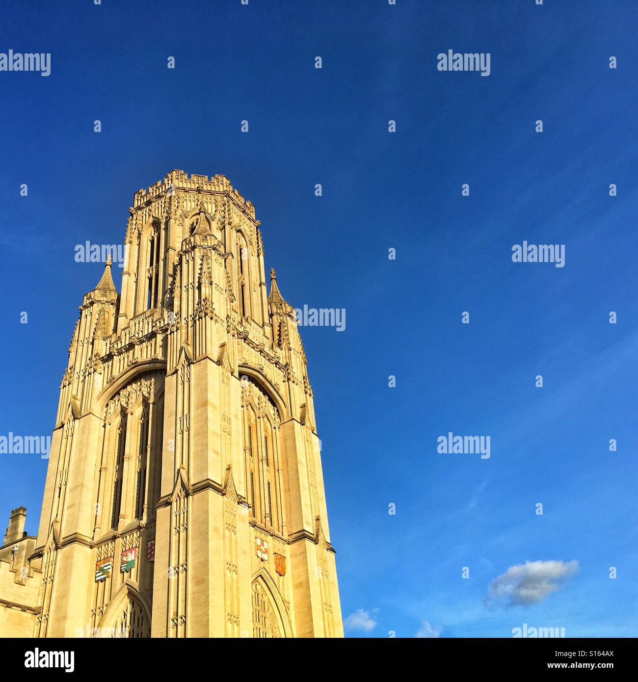 The tower of the Wills Memorial  Building at the University of Bristol in Bristol, UK. Despite its appearance, the tower is actually a modern structure, made of concrete with a stone outer shell. - Smartphone Captured Stock Image