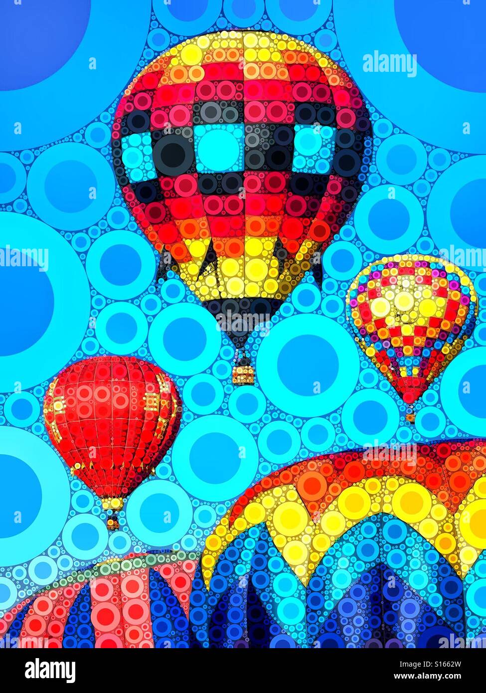 A color digital artwork of hot air balloons against a blue sky.  Composed of circular shapes. - Smartphone Captured Stock Image