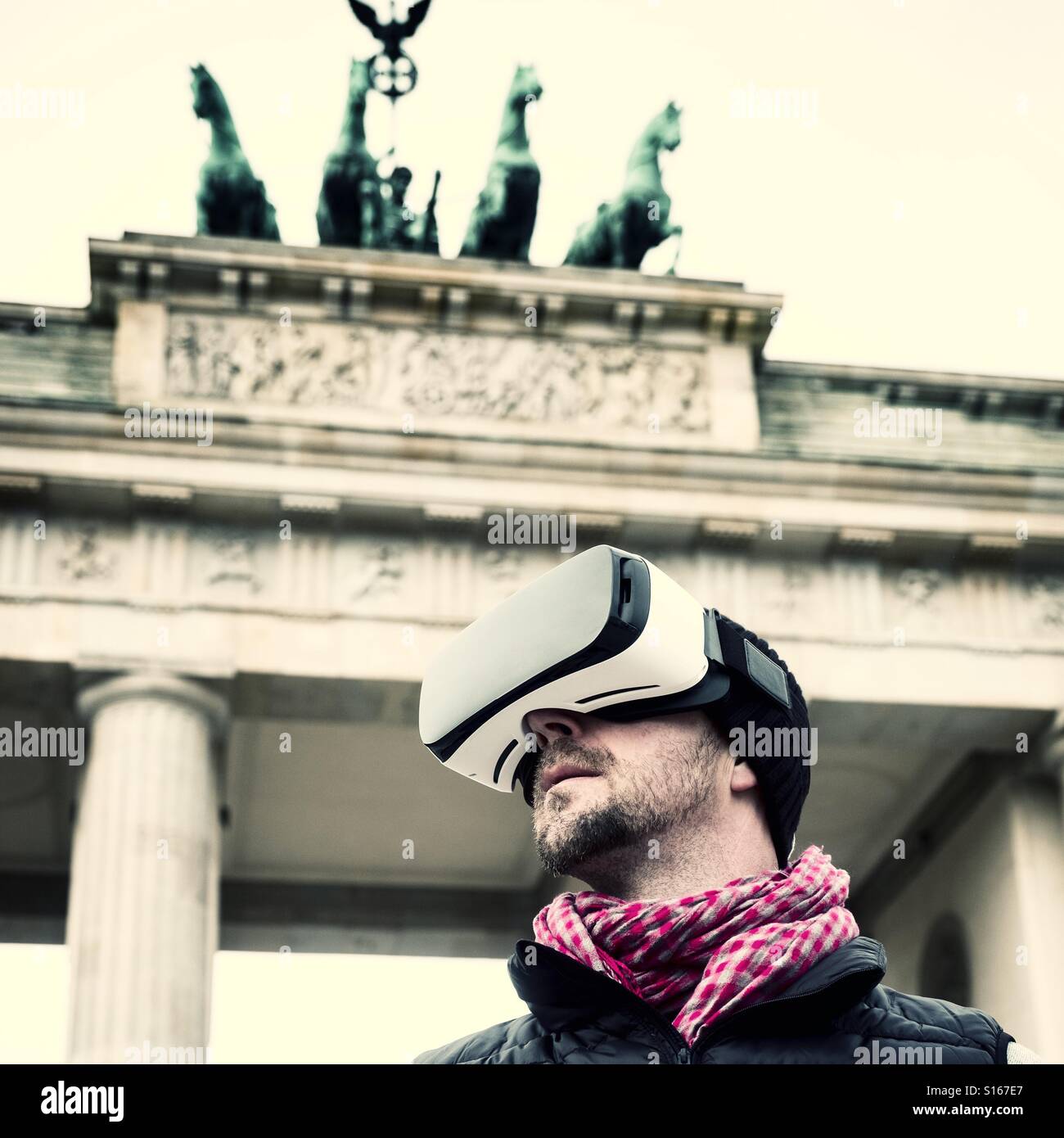 Man wearing VR virtual reality headset in Berlin - Smartphone Captured Stock Image
