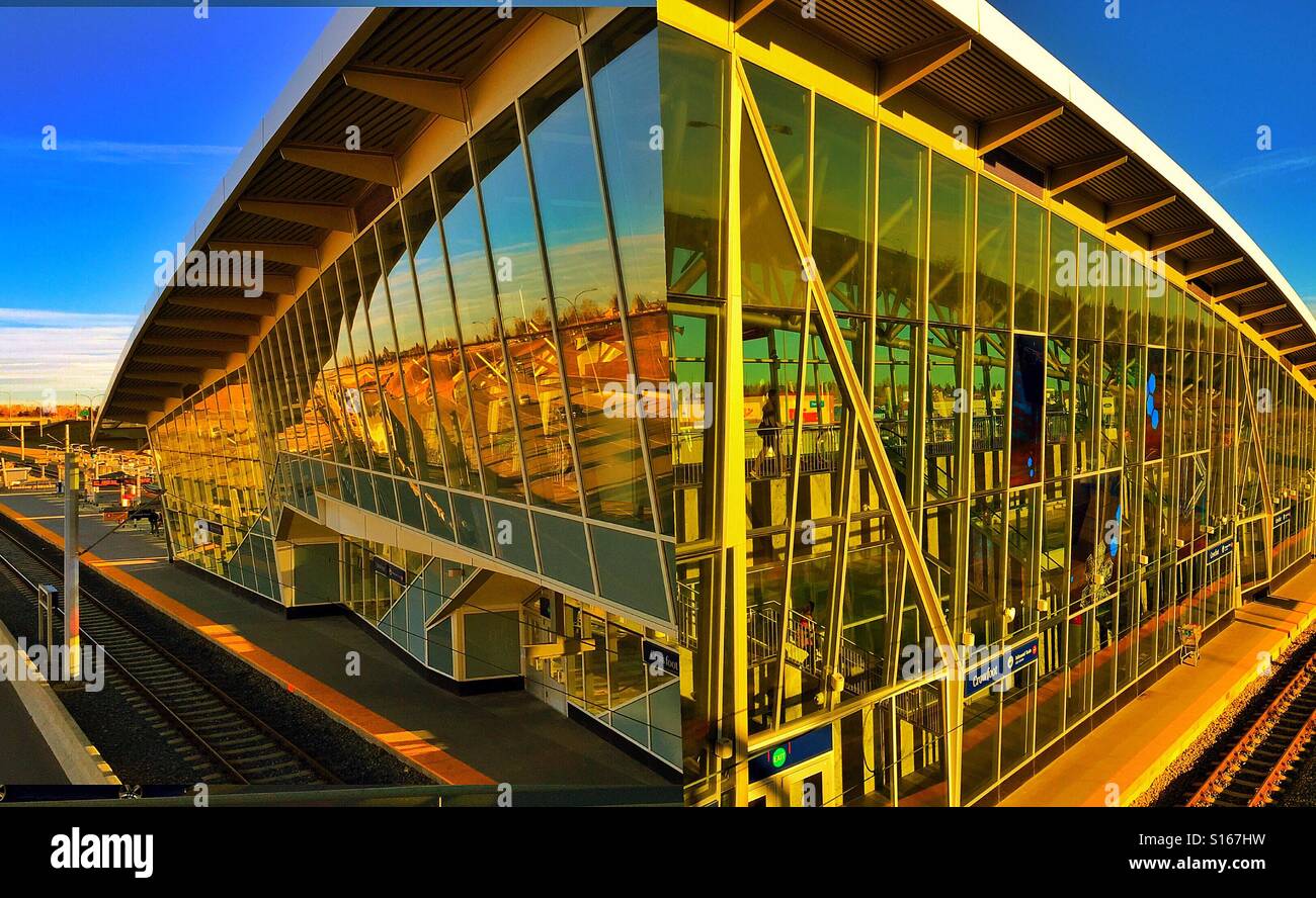 Light rail transit station and pedestrian overpass along Crowchild Trail, Calgary, Alberta, Canada - Smartphone Captured Stock Image