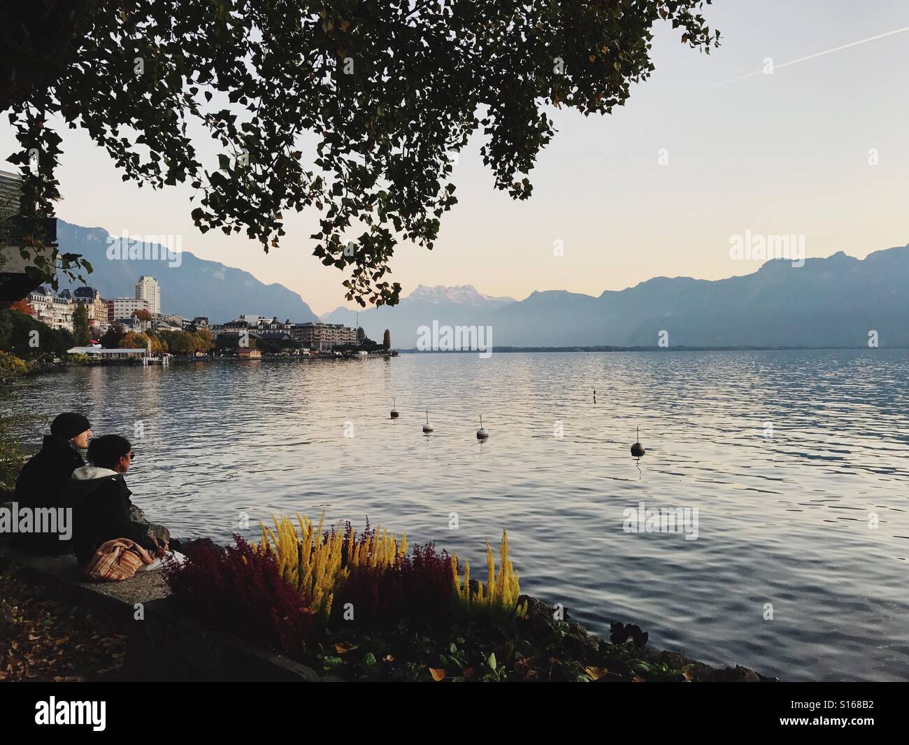 Couple Lake Leman Montreux Switzerland - Smartphone Captured Stock Image