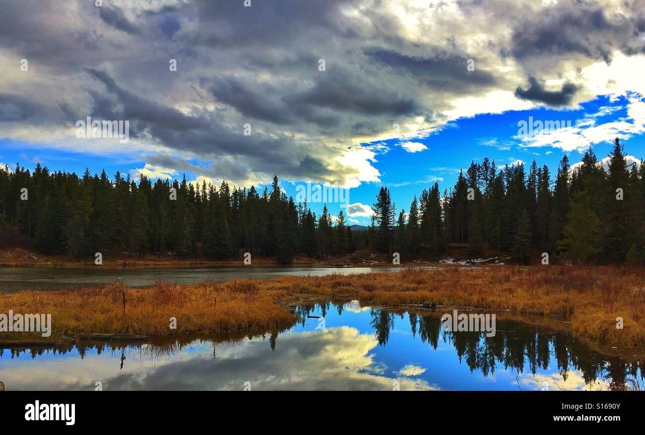 McLean Pond and reflections, Kananaskis Country, Alberta, Canada - Smartphone Captured Stock Image