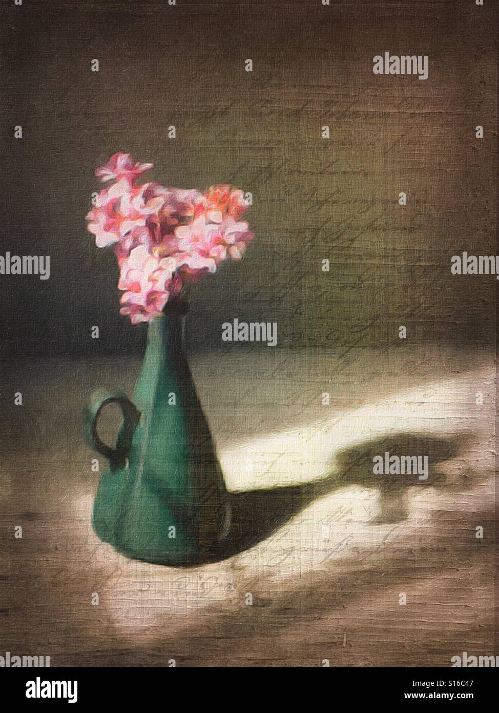 A still life image of a vase with flowers against a background with muted handwriting - Smartphone Captured Stock Image