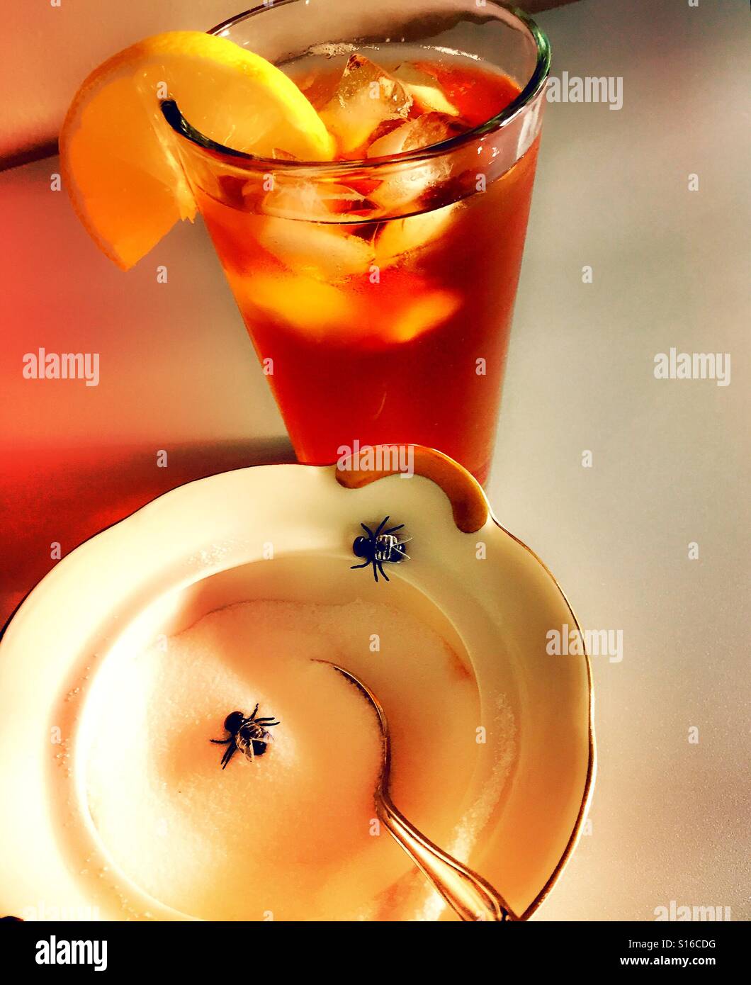 Sugar bowl with houseflies next to a glass of iced tea - Smartphone Captured Stock Image