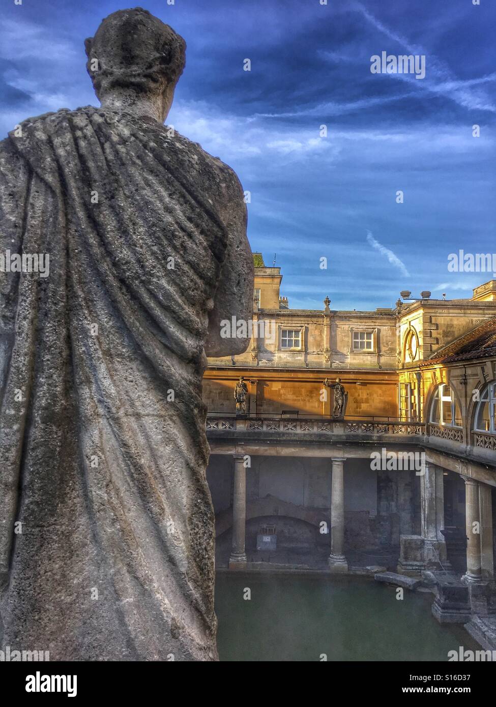 The Roman Baths, Bath, Somerset. England. Looking down onto The Great Bath from the upper terrace. Stock Photo
