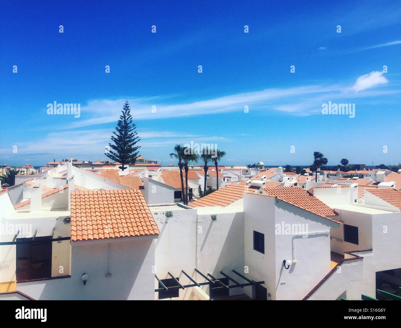 View of Caleta de Fuste from hotel roof, Fuerteventura. Stock Photo