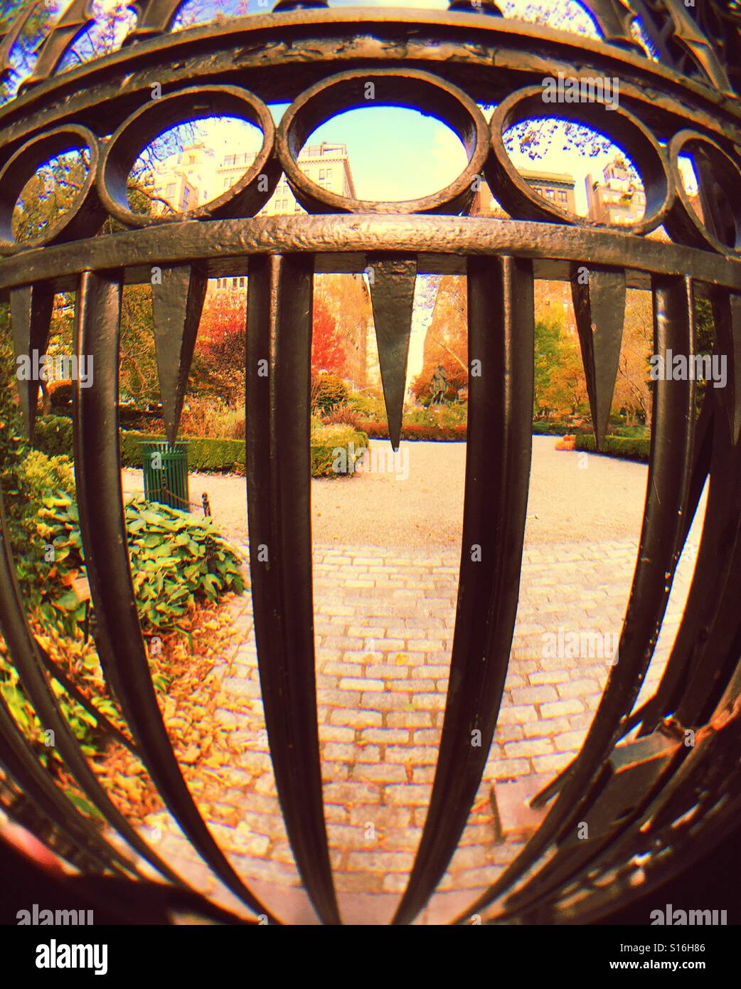 Fisheye lens through  wrought iron gate, Gramercy Park, NYC, USA - Smartphone Captured Stock Image