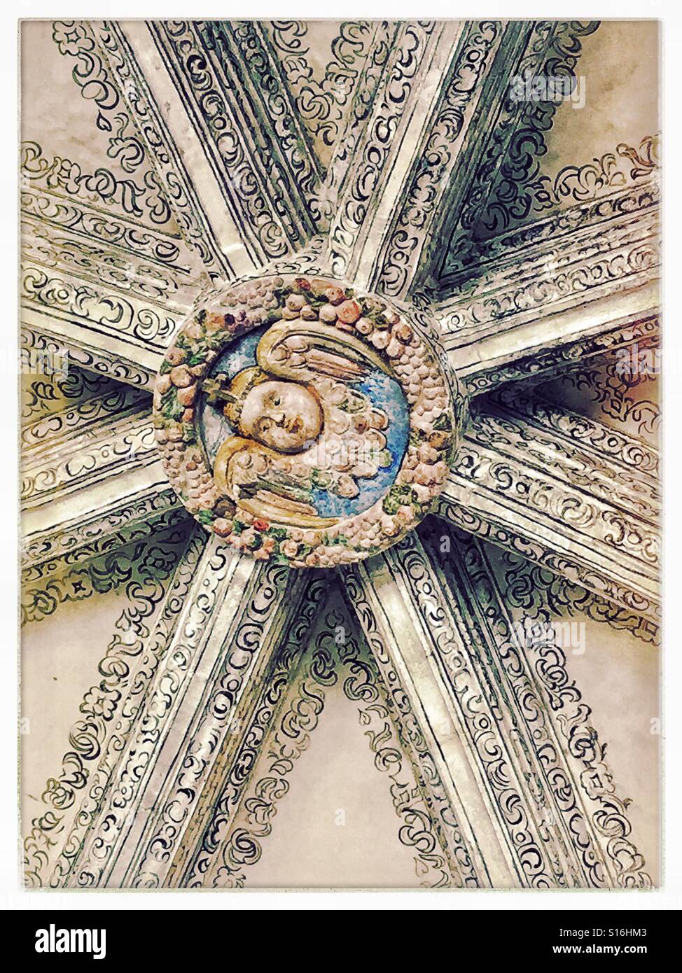 Intricate, beautiful detail in the ceiling of Templo de Santo Domingo de Guzmán in Oaxaca, Mexico. Stock Photo