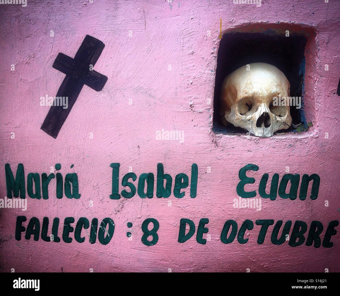 A skull in a cemetery in Mayan village of Pomuch in Campeche. Pomuch is the only one in Mexico were had been preserved the tradition of cleaning the bones of their dead family members. - Smartphone Captured Stock Image