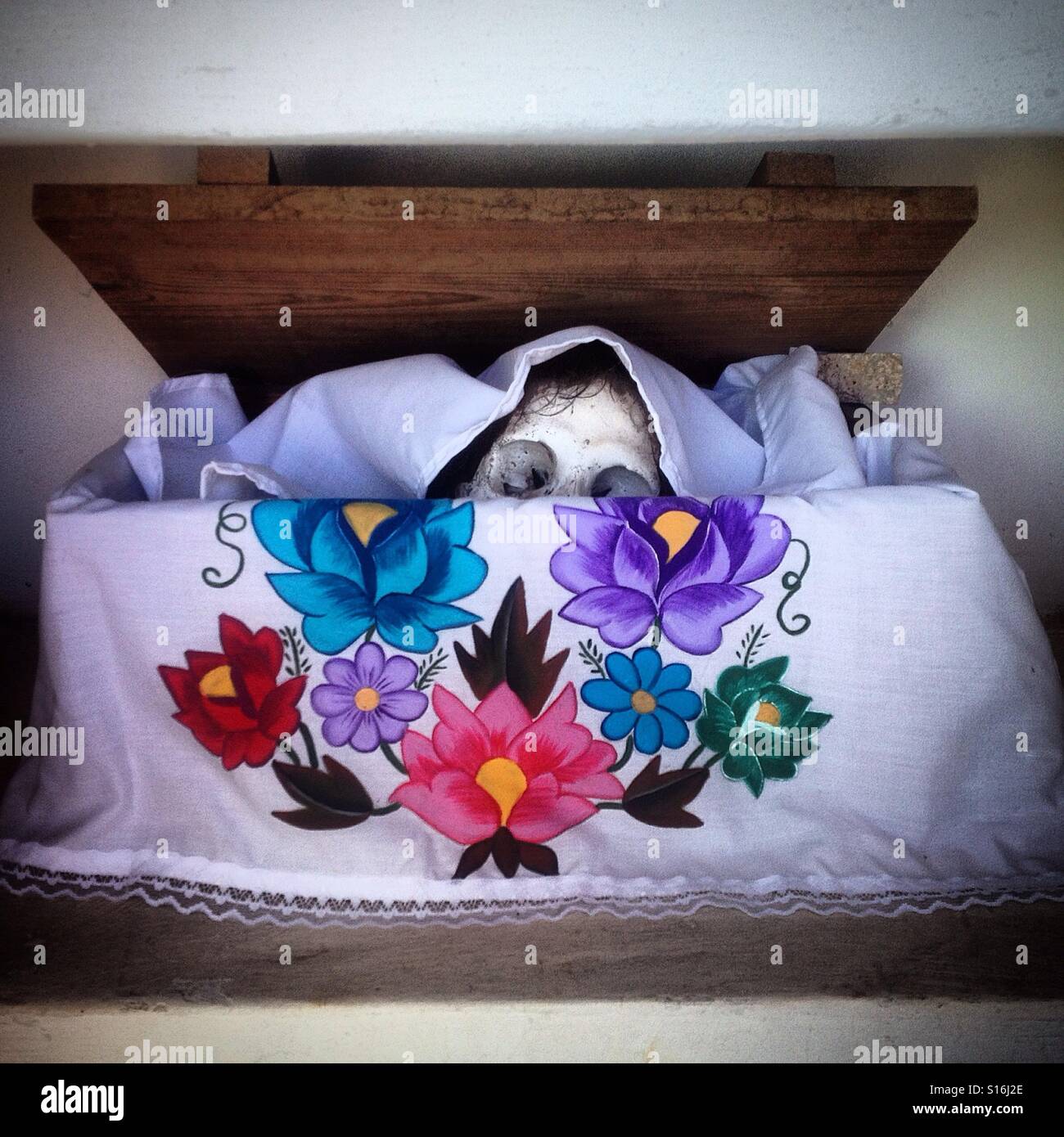 A skull in a cemetery in Mayan village of Pomuch in Campeche. Pomuch is the only one in Mexico were had been preserved the tradition of cleaning the bones of their dead family members. - Smartphone Captured Stock Image