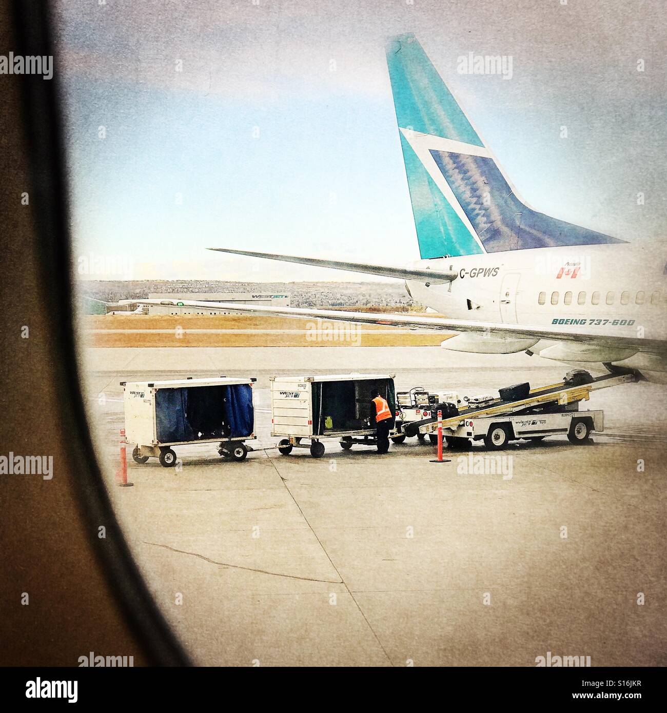A baggage handler loads luggage from carts onto the conveyor into a passenger airplane. - Smartphone Captured Stock Image