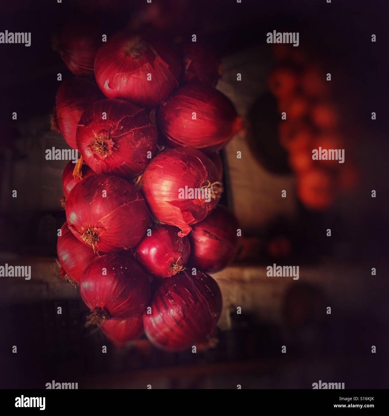 Red onions hung in hi-res stock photography and images - Alamy