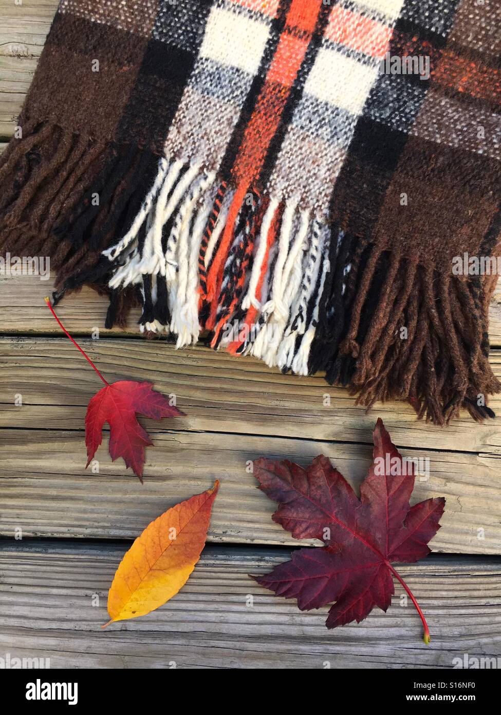 Wool Blanket with Leaves on Wooden Background Stock Photo