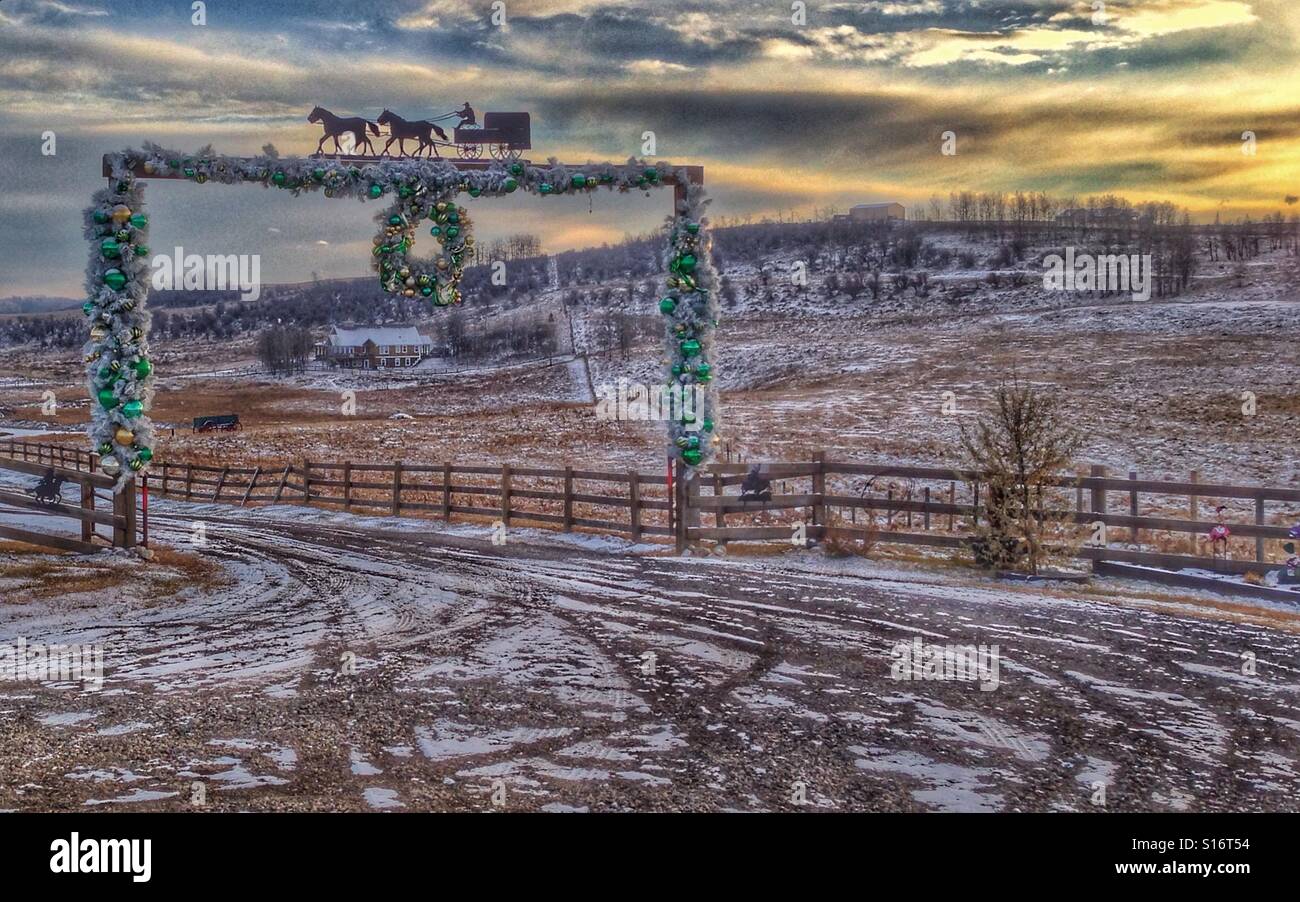 Ranch entrance decorated in Christmas tinsel and baubles, at sunset, in the Alberta foothills, Canada. - Smartphone Captured Stock Image
