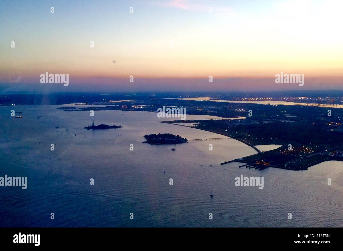 Aerial view of Lady Liberty and Liberty State Park from One World Observatory Stock Photo