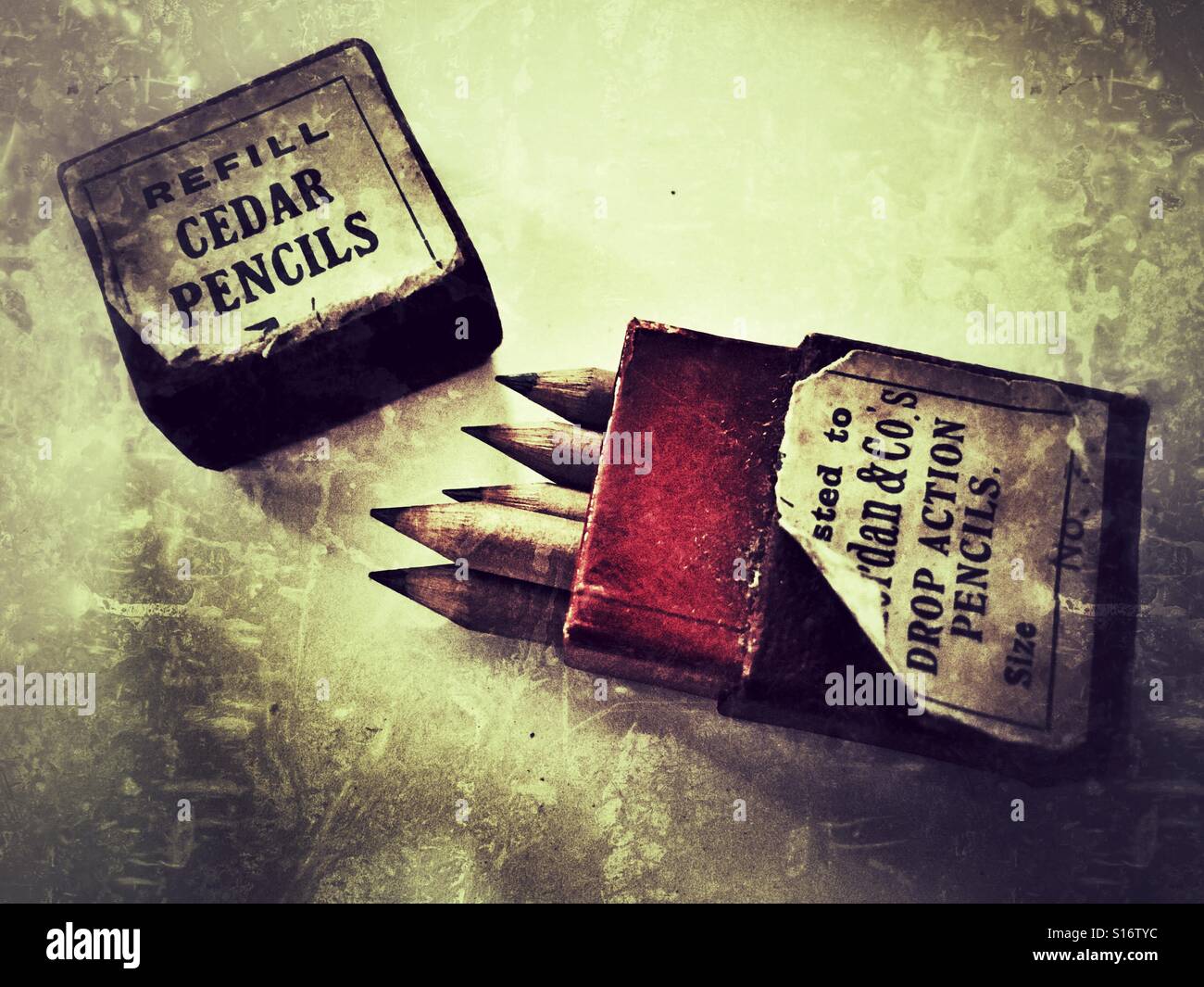 Antiques and vintage collectibles. Refill cedar pencils in original box. - Smartphone Captured Stock Image