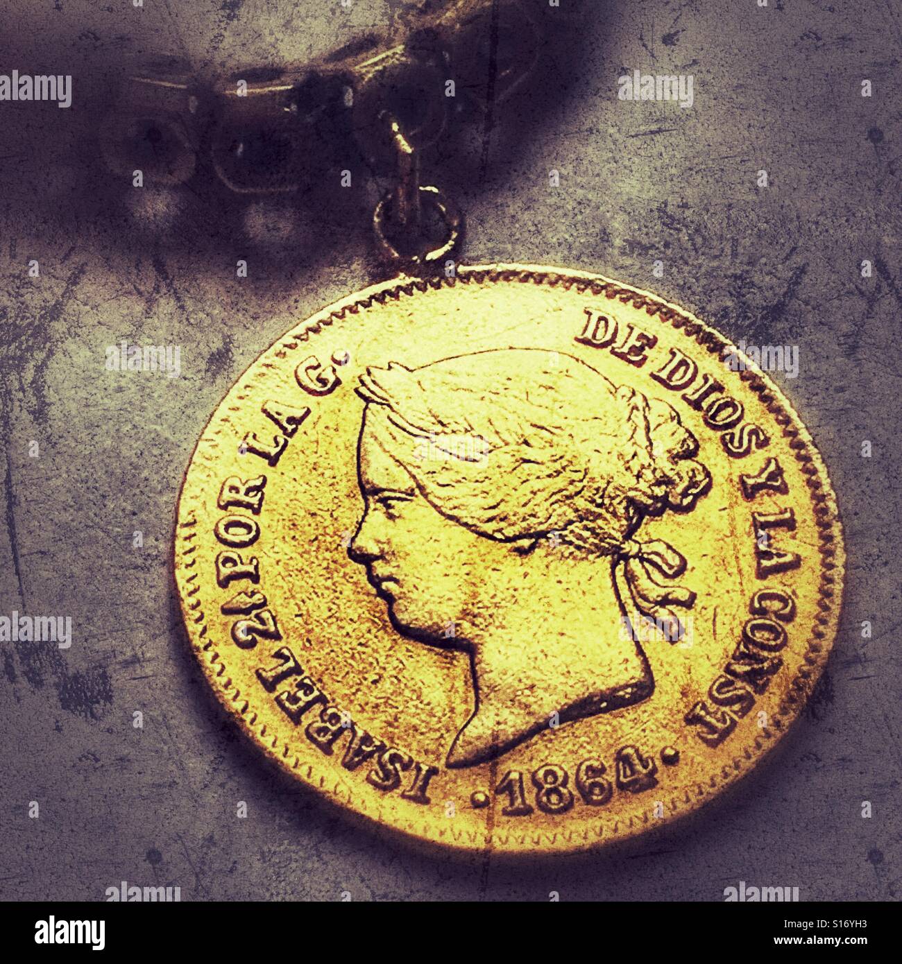 Gold coin from the Philippines, 1864, Isabel 2, of Spain - Smartphone Captured Stock Image