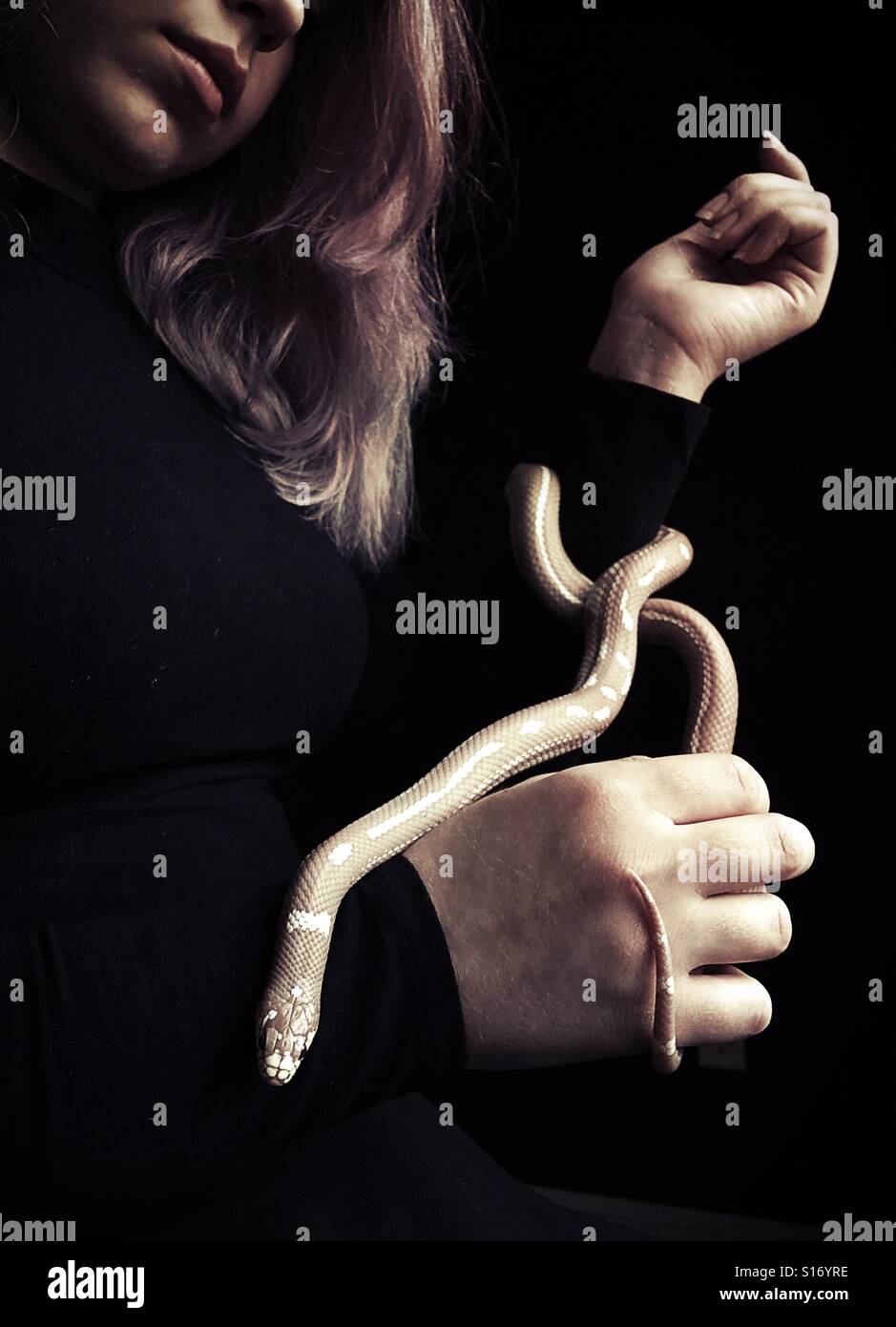 A teenage girl holding a pet snake. Stock Photo