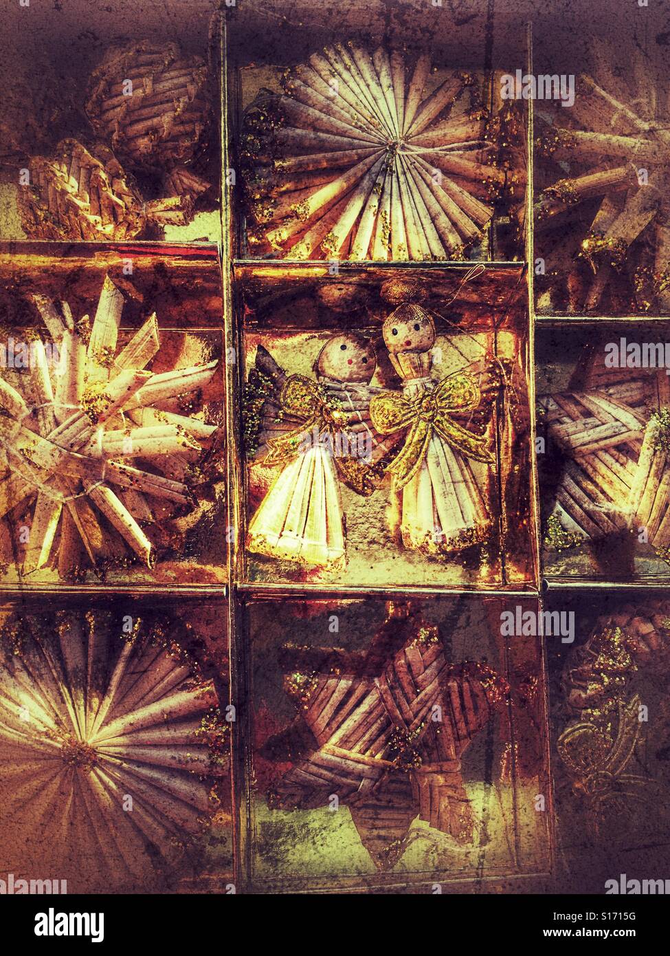 Box full of handmade straw Christmas decorations - Smartphone Captured Stock Image