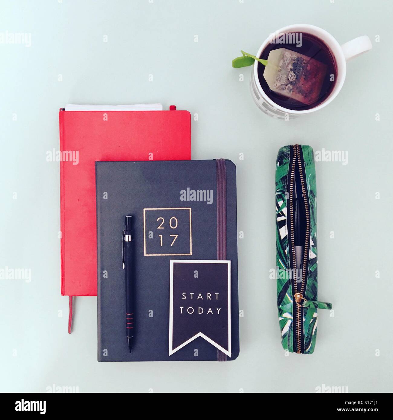 2017 diary, herbal tea and pencil case. - Smartphone Captured Stock Image