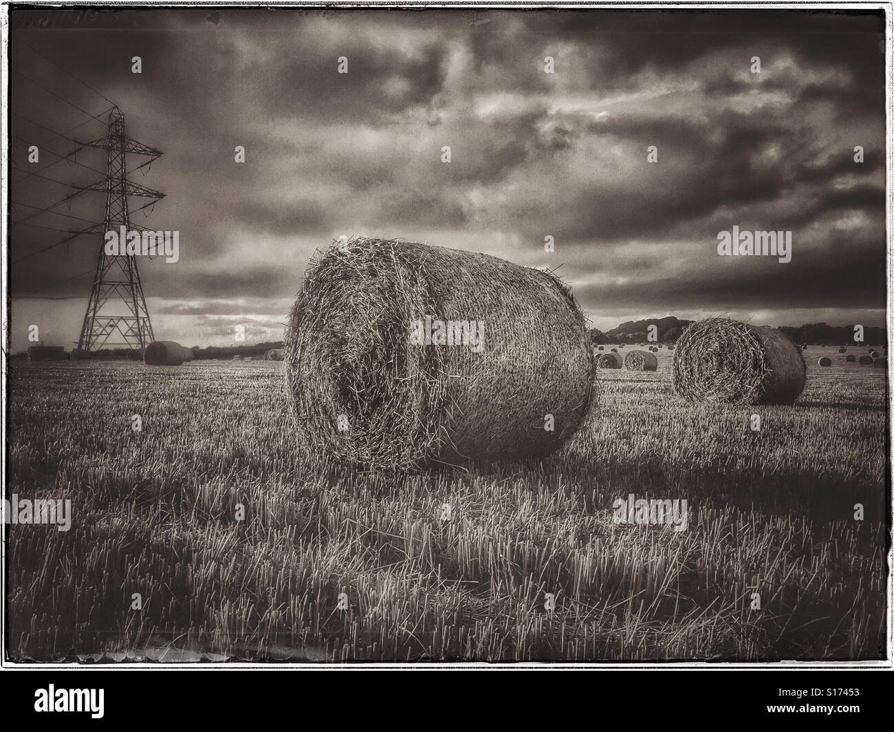A retro effect monochrome image of newly produced hay bales in an open field in the South of England. Agriculture meets Electricity. Photo Credit © COLIN HOSKINS. - Smartphone Captured Stock Image