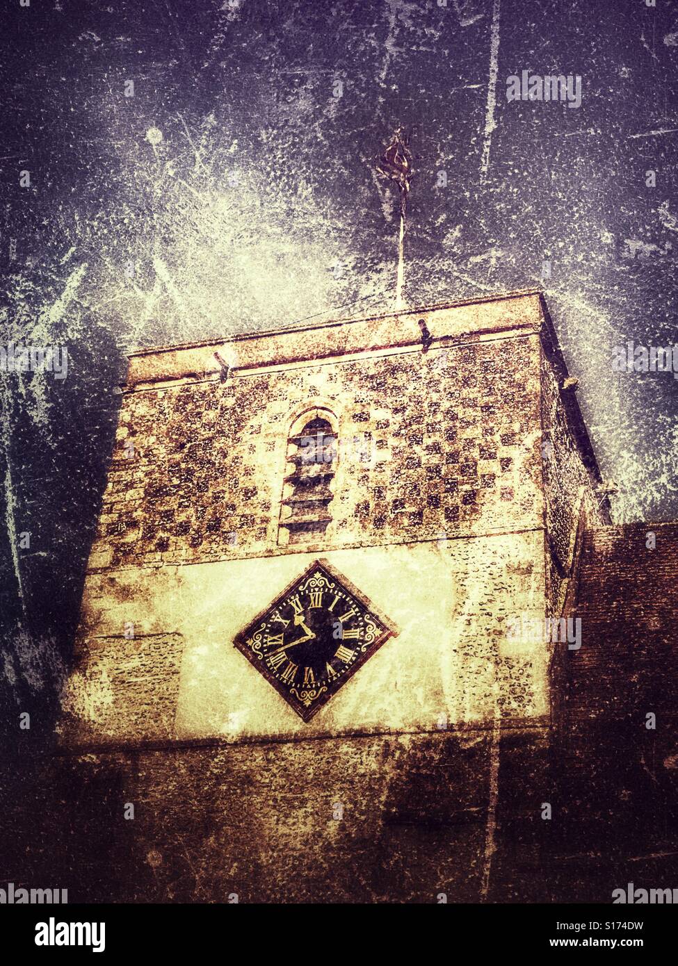 Church tower and square clock placed on a diagonal reading 10.40. Louvred bell tower - Smartphone Captured Stock Image