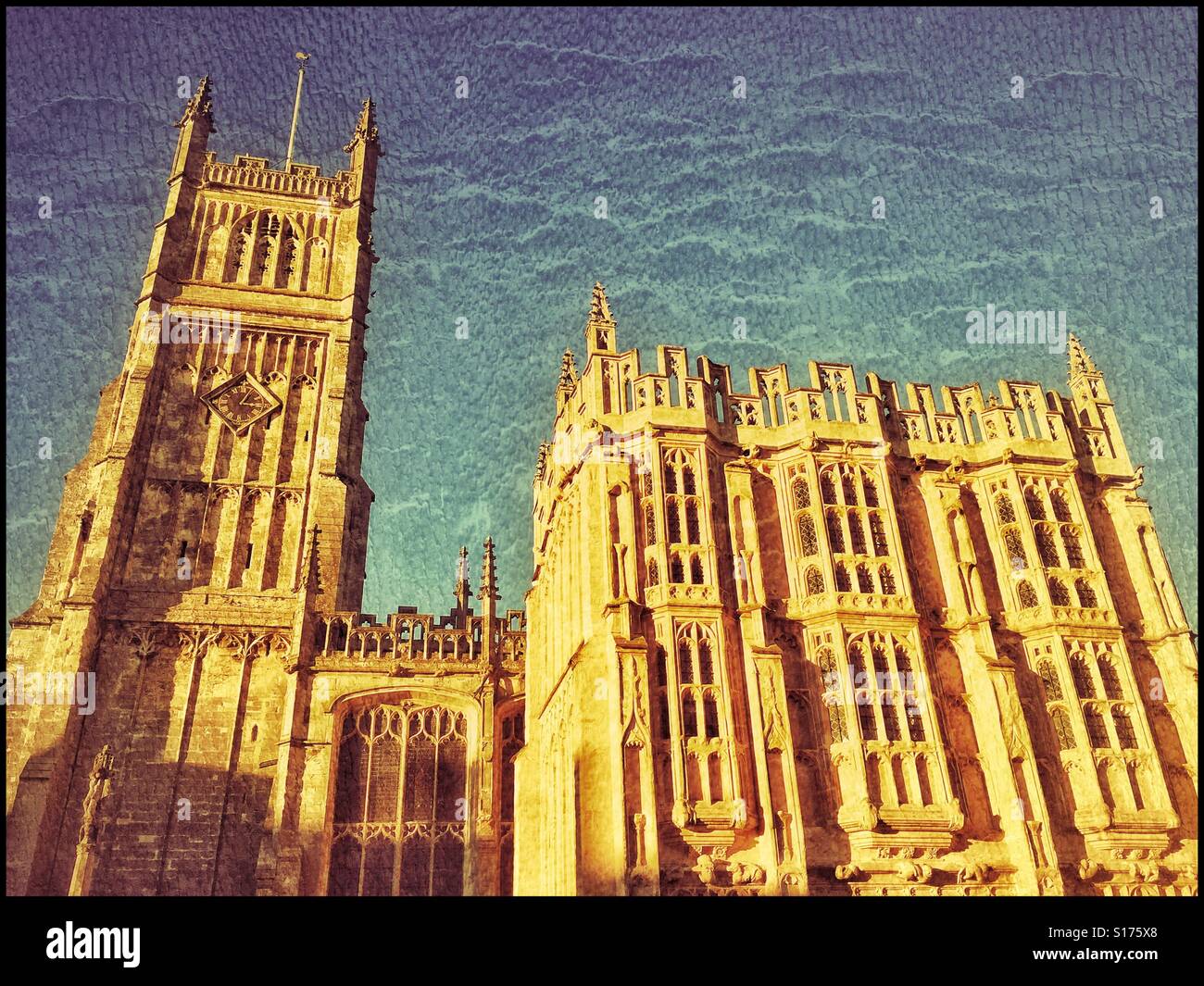 A grunge effect image of the St. John Baptist Anglican Church in Cirencester, Gloucestershire, England. To the left is the Bell Tower & on the right is The Town Hall. Photo Credit - © COLIN HOSKINS. Stock Photo