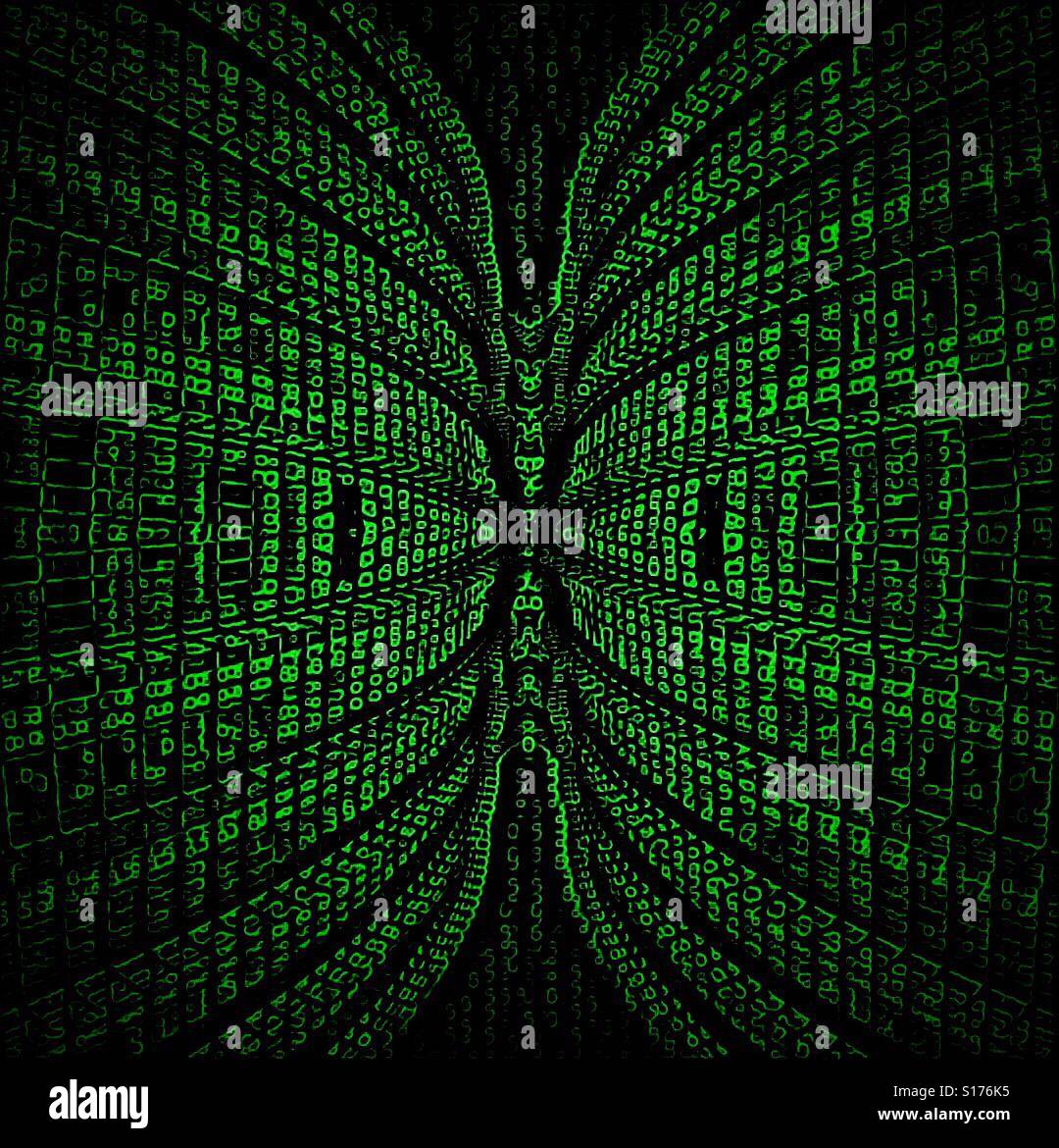 An abstract image of glowing green digital information flowing into a central distant point on a black background - Smartphone Captured Stock Image