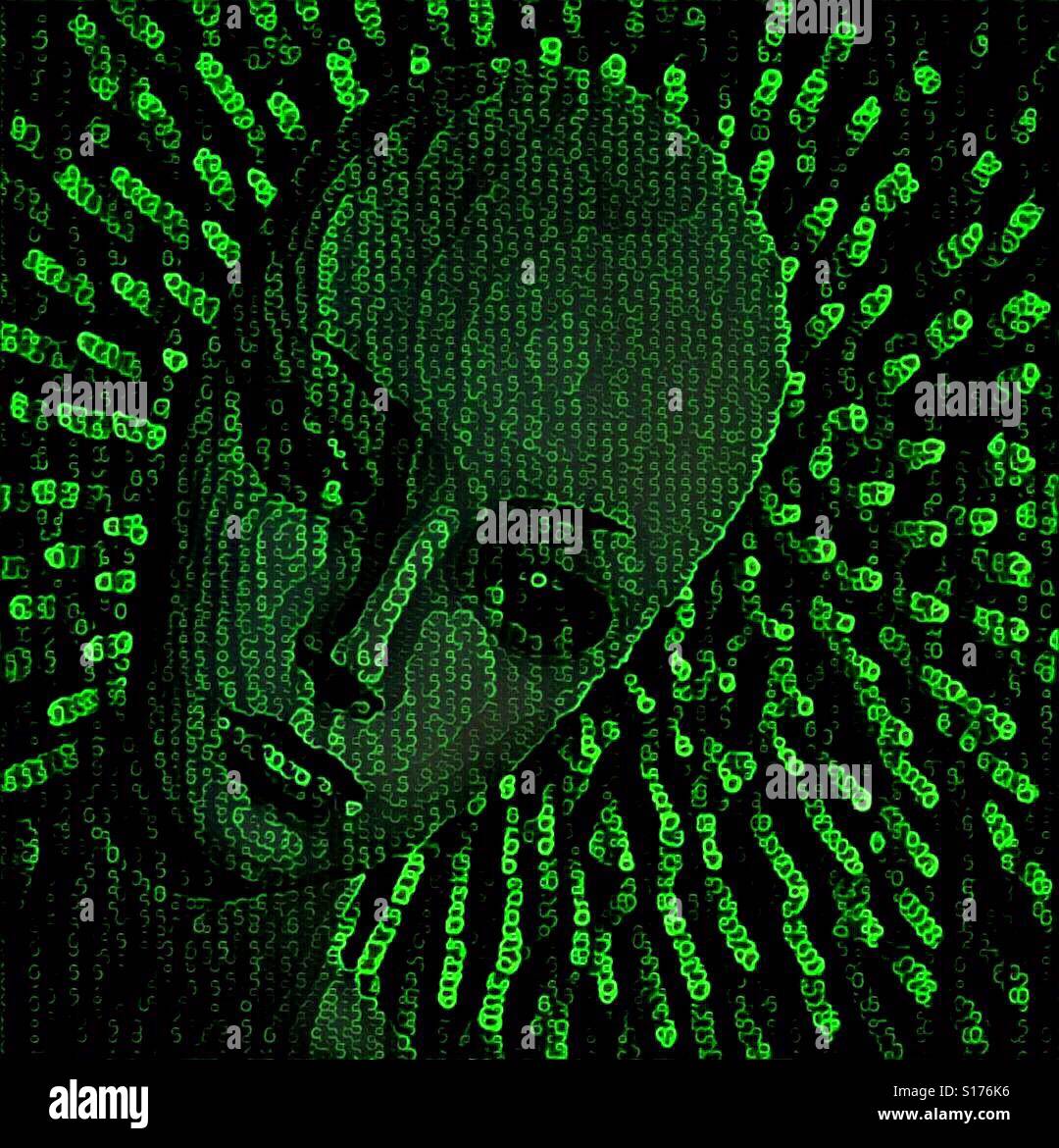 A bald woman mannequin or alien's face in glowing green digital bits and bytes against a dark background - Smartphone Captured Stock Image