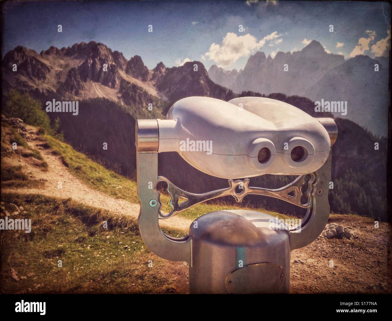 Coin operated binoculars in the Julian Alps - Monte Lussari, Italy - Smartphone Captured Stock Image