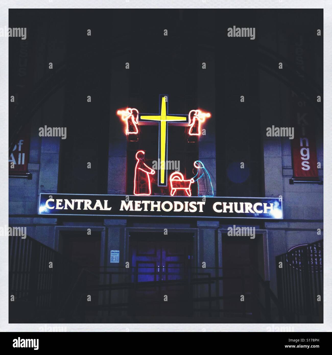 The neon nativity central Methodist church Preston Stock Photo