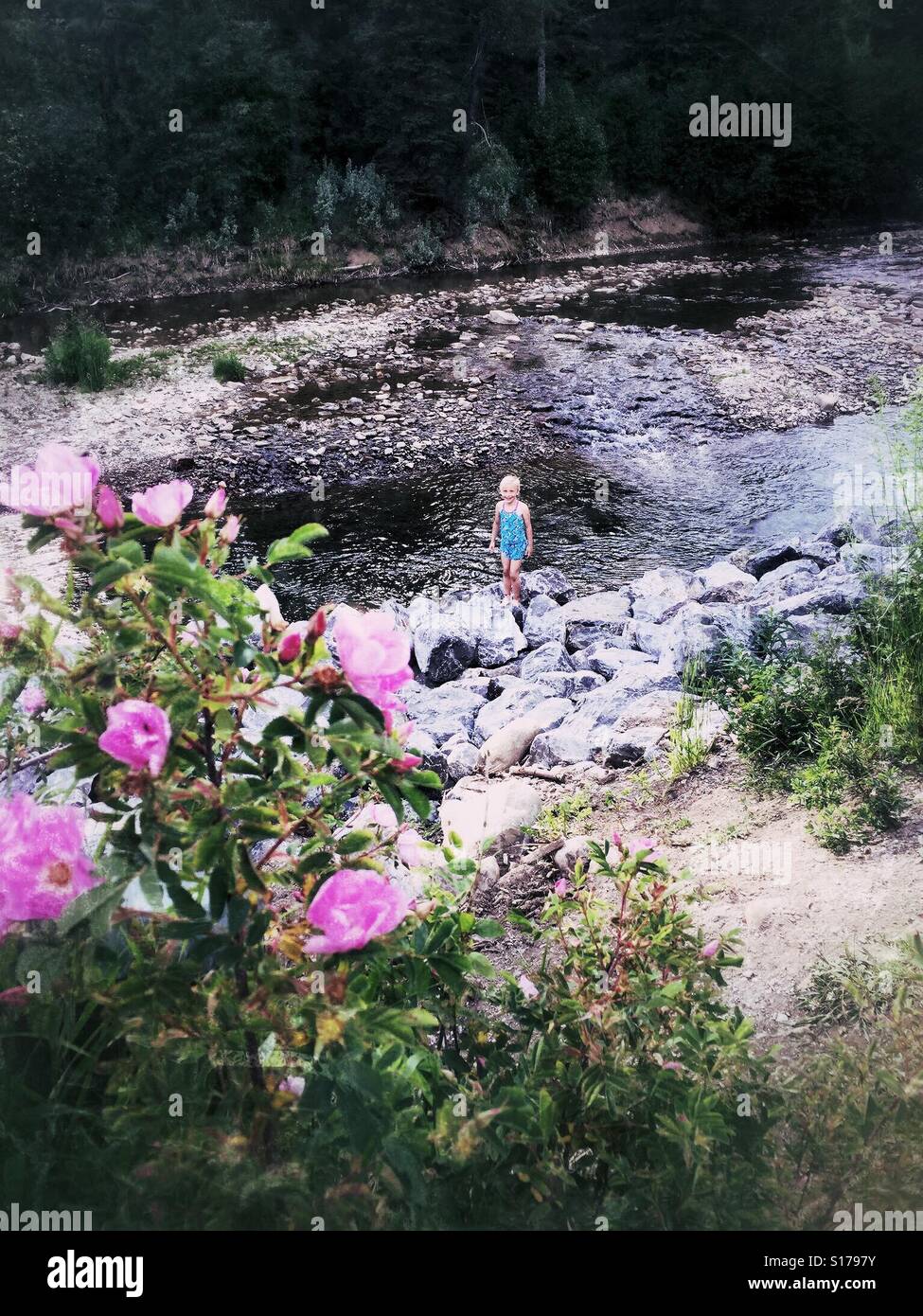 A girl scrambles along a creek lined with wild roses. - Smartphone Captured Stock Image