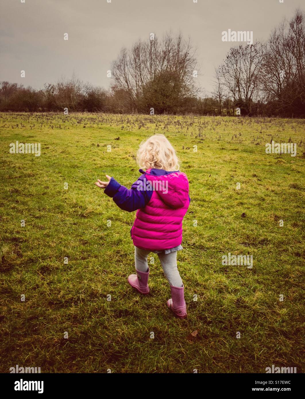 Three year old toddler walking in the countryside Stock Photo