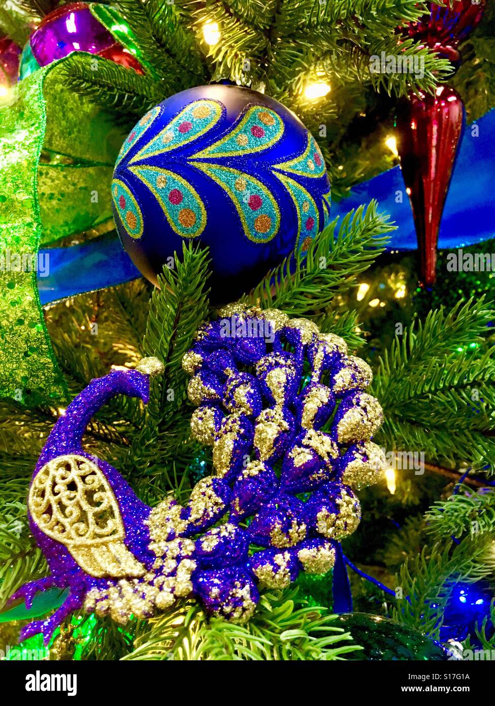 Peacock Christmas decorations Stock Photo - Alamy