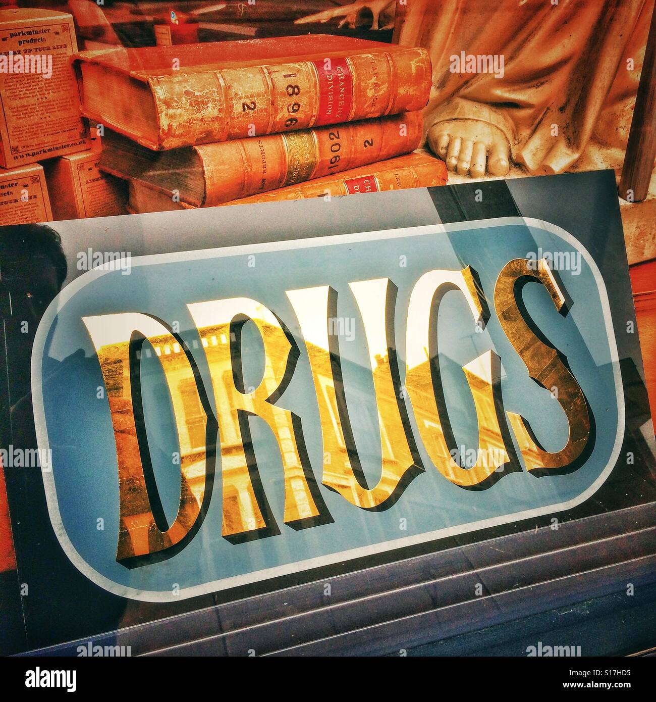 A drugs sign in a shop window Stock Photo