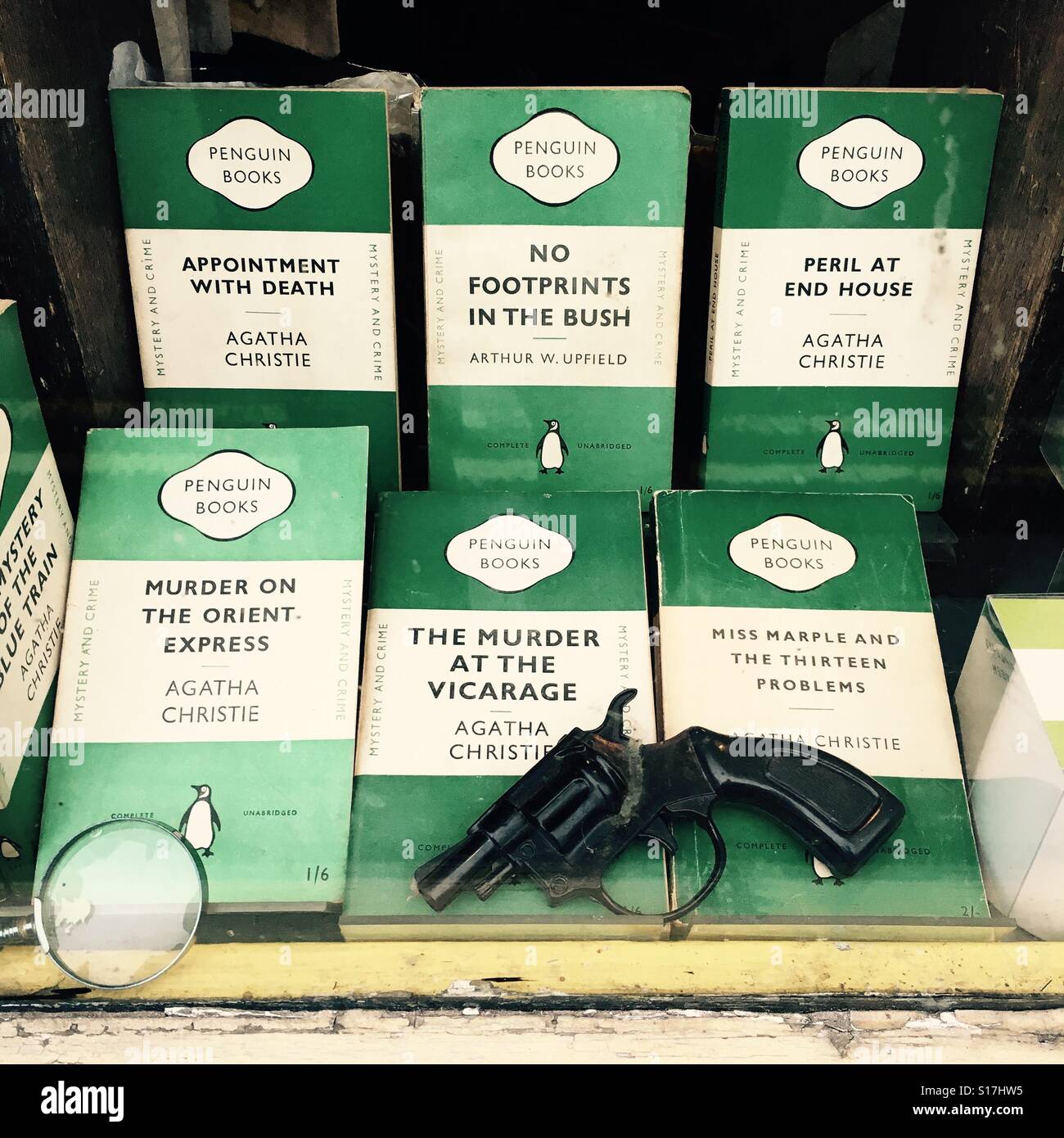 Crime murder mystery books in a secondhand bookshop in Hay on Wye Wales UK - Smartphone Captured Stock Image